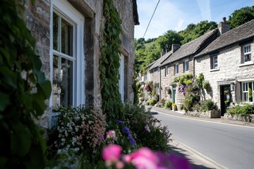 A picturesque Cotswold street showcases beautiful homes adorned with vibrant flowers, inviting visitors to experience its quaint charm and tranquility.