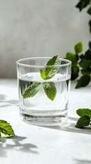 Refreshing Glass of Water with Mint Leaves on a Sunlit Table