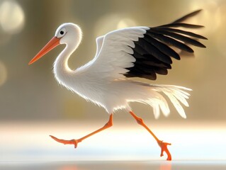Fototapeta premium a white stork with black wings walks with orange legs