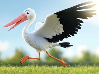 Cartoon stork running on grass