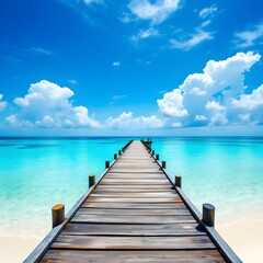 Obraz premium Tropical paradise, wooden pier stretching into turquoise ocean