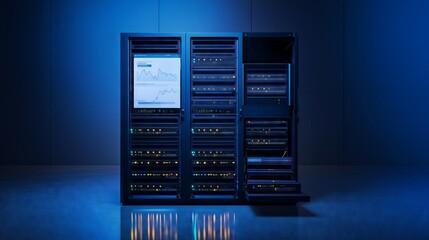 Server room displaying growing statistics on monitor in futuristic data center