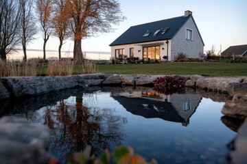 Obraz premium A serene stone house surrounded by nature reflects beautifully in a pond during sunset, showcasing tranquility and peaceful living in the countryside.