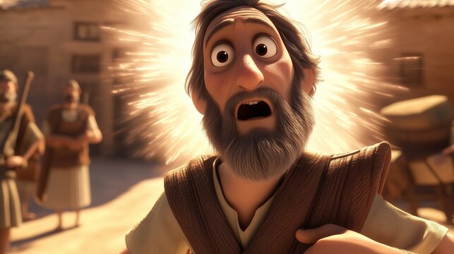 aul on the Road to Damascus, dramatically falling off a donkey as a radiant light from heaven surrounds him.