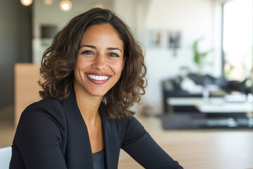 Obraz premium Smiling hispanic young adult female in modern home office setting