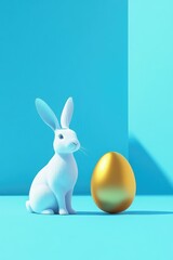 Minimalist Easter Scene with White Bunny and Golden Egg in Blue Setting