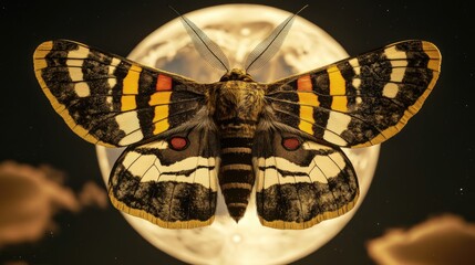 Vibrant Moth Silhouette Against Full Moon Background in Night Sky