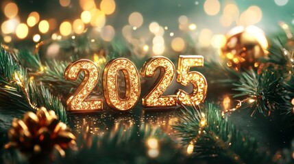 Sparkling Golden 2025 New Year's Eve Festive Decoration.