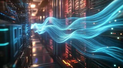 Data flowing between servers in a data center, futuristic technology