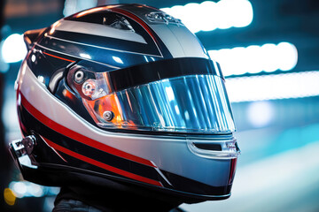 Sleek motorcycle helmet with reflective visor and modern racing stripes design
