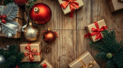 Fototapeta premium christmas decorations on wooden background