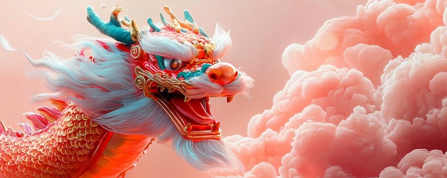 A vibrant, stylized dragon head roaring joyfully, ideal for New Year celebrations, Asian culture events, or whimsical art projects emphasizing mythical themes.