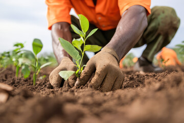 African male adult planting young seedling in organic farm