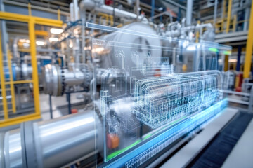 Advanced industrial machinery with holographic overlay in modern factory setting