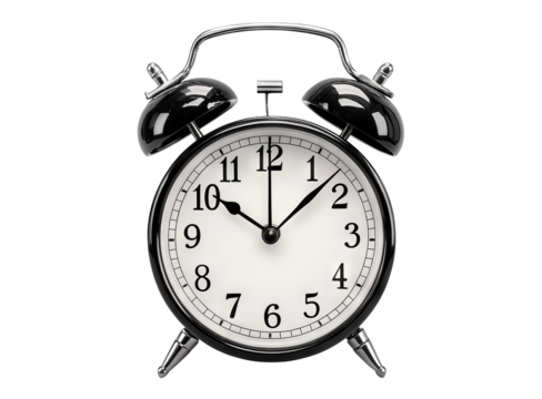 Retro-style metal alarm clock with bold numbers, isolated on transparent cutout background
