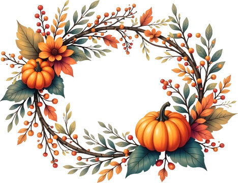 Autumn frame with autumn leaves and pumpkins, halloween background with pumpkins vector, halloween pumpkin wreath, happy fall y'all card, Pumpkin fall card, invitation, abstract template design	
