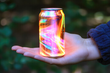 Hand holding a glowing colorful can with neon light effects in a forest