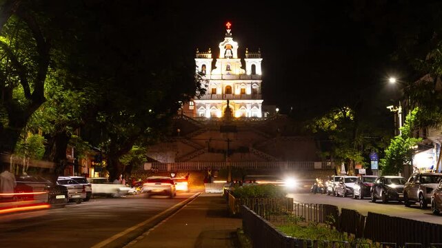 4K Timelapse Hyperlapse night footage of Our Lady of Immaculate Conception church in Panaji the capital city of Goa