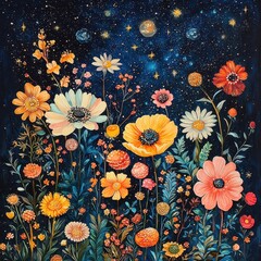 Lush Wildflower Meadow Under a Starry Night Sky