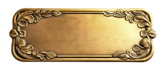 Elegant golden nameplate with floral decorations, isolated on transparent cutout background

