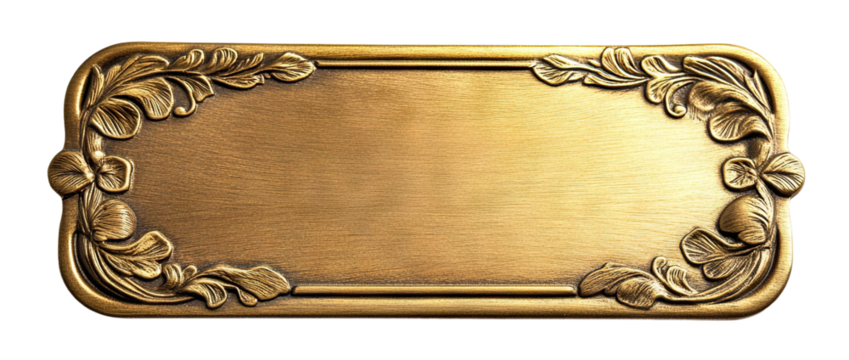 Elegant golden nameplate with floral decorations, isolated on transparent cutout background
