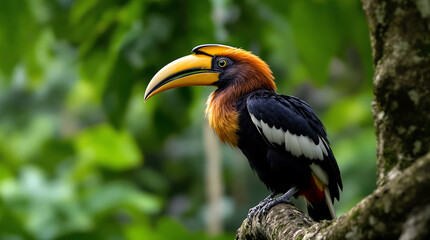 Hornbill Bird Perched in Tropical Rainforest Illustration