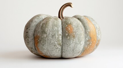 Close up of a single gray pumpkin with an orange hue against a white background