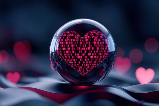 digital love art, a holographic sphere featuring binary hearts, creating a virtual valentines day experience illuminated in neon shades