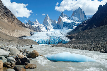 Obraz premium Majestic patagonia mountains with glacial river and blue sky