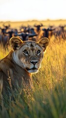 Lioness watches herd at sunset.