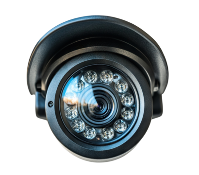 Black surveillance camera lens with infrared LEDs, isolated on transparent cutout background
 - Powered by Adobe