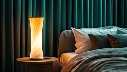 A modern sleek lamp on a nightstand beside a plush bed with soft light creating a cozy ambiance The background