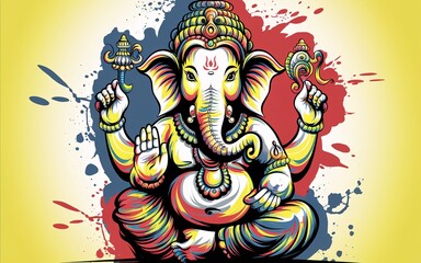 Doodle Ganesha with Vibrant Colors, Colorful illustration of Ganesha, Hindu god.