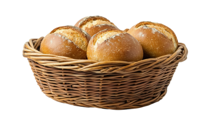 Basket filled with freshly baked bread rolls, isolated on transparent cutout background
