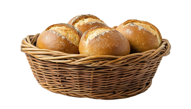 Basket filled with freshly baked bread rolls, isolated on transparent cutout background
