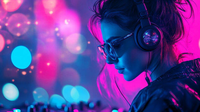 Young woman mixes music at a vibrant DJ set during a lively night event