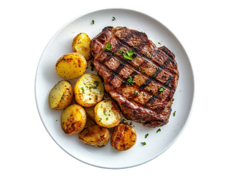 Grilled steak with roasted potatoes on white plate, isolated on transparent cutout background - Powered by Adobe