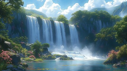 Fototapeta premium Serene waterfall cascading into a tranquil pool, surrounded by lush greenery and vibrant flowers under a bright, sunny sky.