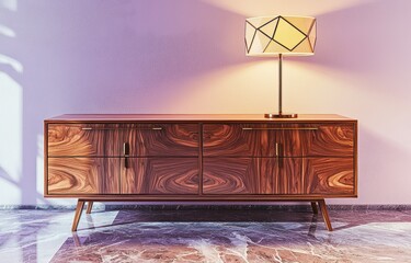 A modern walnut wood sideboard with two drawers and three doors decorated with a geometric lamp The...