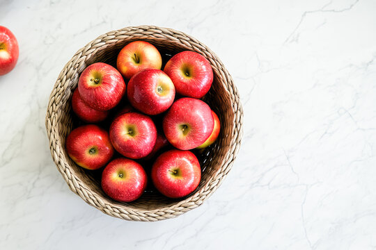 Fresh red apples in wicker basket on marble surface