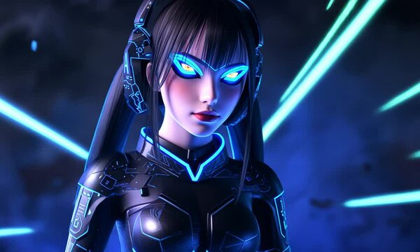 A striking anime style composition features a girl with vivid, detailed features standing confidently in a sleek, futuristic blue suit that glows with intricate neon patterns