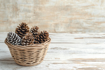 Rustic basket of pine cones on whitewashed wooden table
