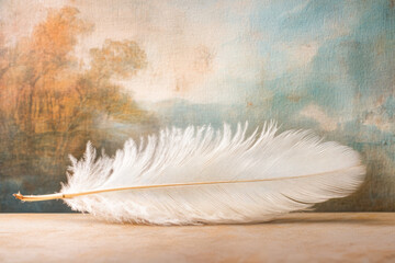 Delicate white feather on rustic background with soft pastel colors