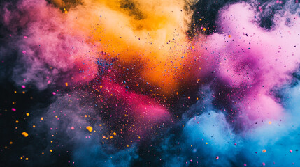 Fototapeta premium Colorful explosion of powder pigments creating a vibrant cloud against a dark background during a celebration event