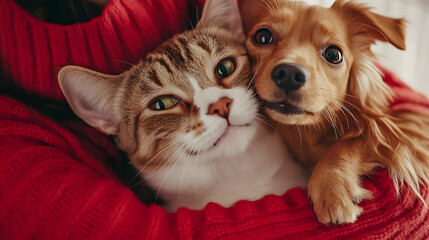 A man holds a cat and a dog in his arms. Cute pets close up - obrazy, fototapety, plakaty