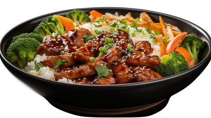 A vibrant bowl of steamed rice topped with stir-fried meat, colorful veggies, and sesame seeds, a perfect Asian meal, studio view, isolated on transparent background.