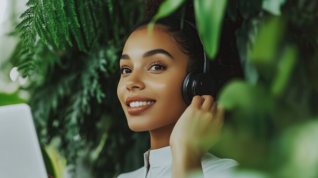Smiling black woman with headphones working on laptop amidst lush greenery peaceful productive atmosphere