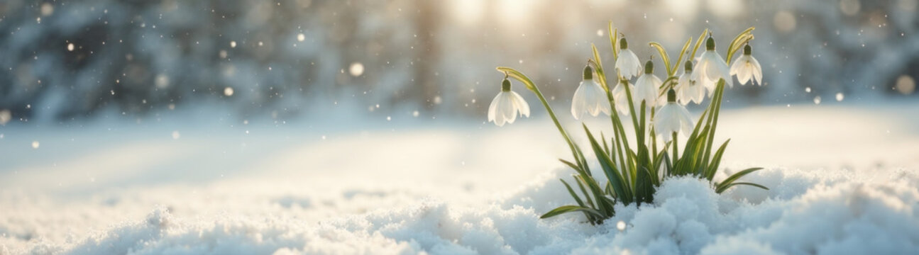 Spring. Picturesque bush of white snowdrops on thaw in snowy forest. Background spring image.  Copy space. AI generative.