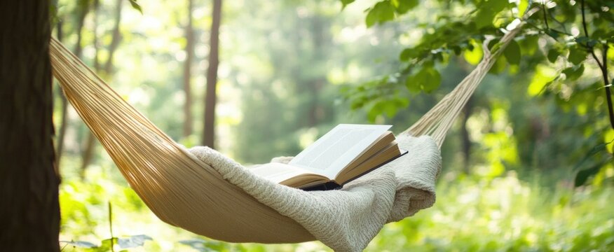 Serene relaxation in a forest hammock with open book