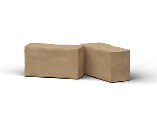 Rendered image of a rectangular cardboard box with dents on a light background